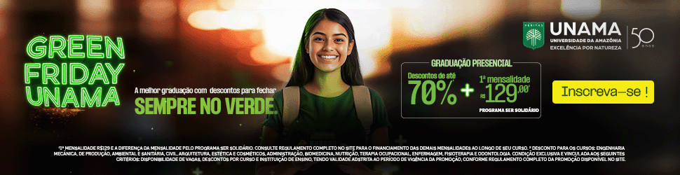 Vestibular Tradicional da UNAMA e comece uma carreira gigante com bolsa de até
100%. Não perde tempo, hein? A prova já é dia 23 de novembro.
